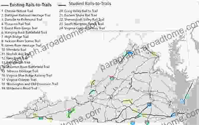 A Detailed Map Of Virginia's Rail Trails, Showcasing Their Historical Significance And Recreational Opportunities. Virginia Rail Trails: Crossing The Commonwealth (History Guide)